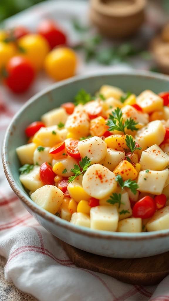 A bowl of potato salad with colorful cherry tomatoes and parsley.