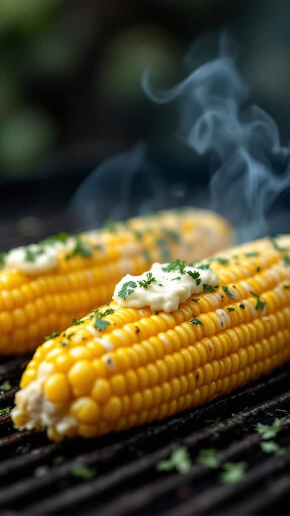 Grilled corn on the cob topped with herb butter and herbs