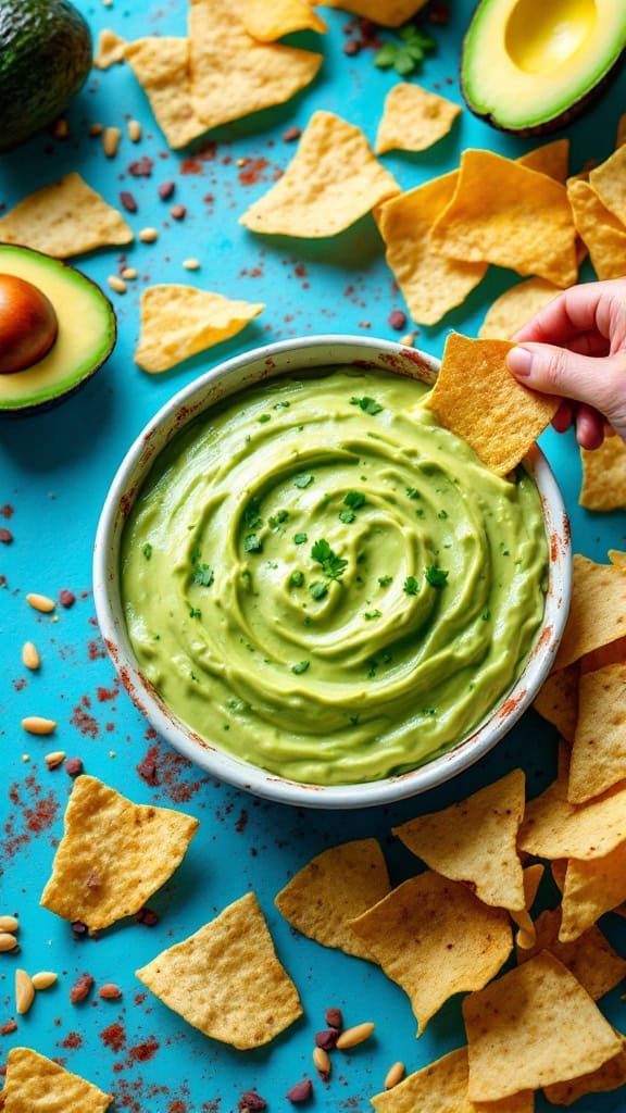 A bowl of creamy avocado dip surrounded by tortilla chips and avocados on a blue background.