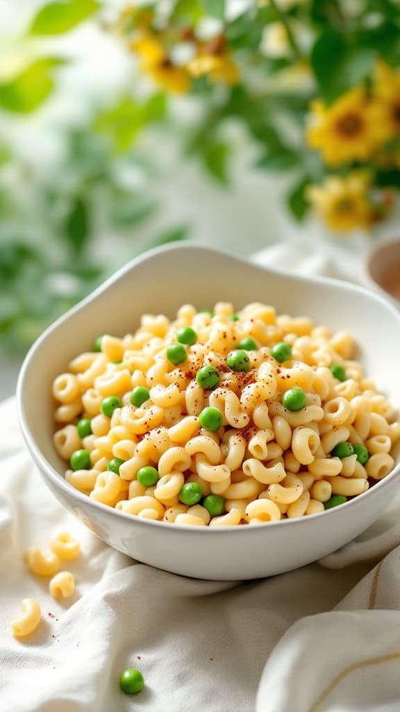 A bowl of creamy macaroni salad with peas, garnished and ready to serve.