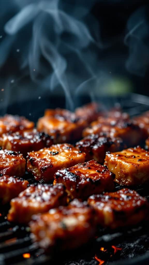 Grilled crispy BBQ pork belly bites on a barbecue grill.