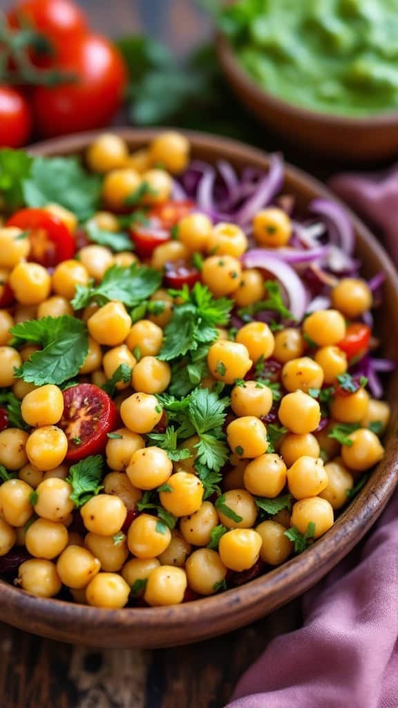 A vibrant bowl of crunchy chickpea salad with fresh herbs and vegetables.