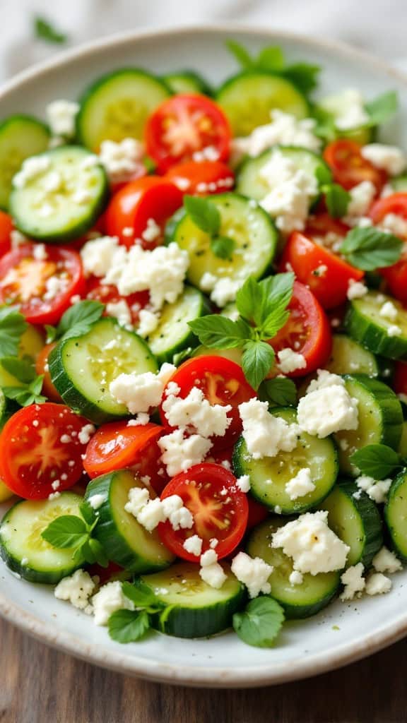 A vibrant cucumber and tomato salad topped with feta cheese and fresh herbs.
