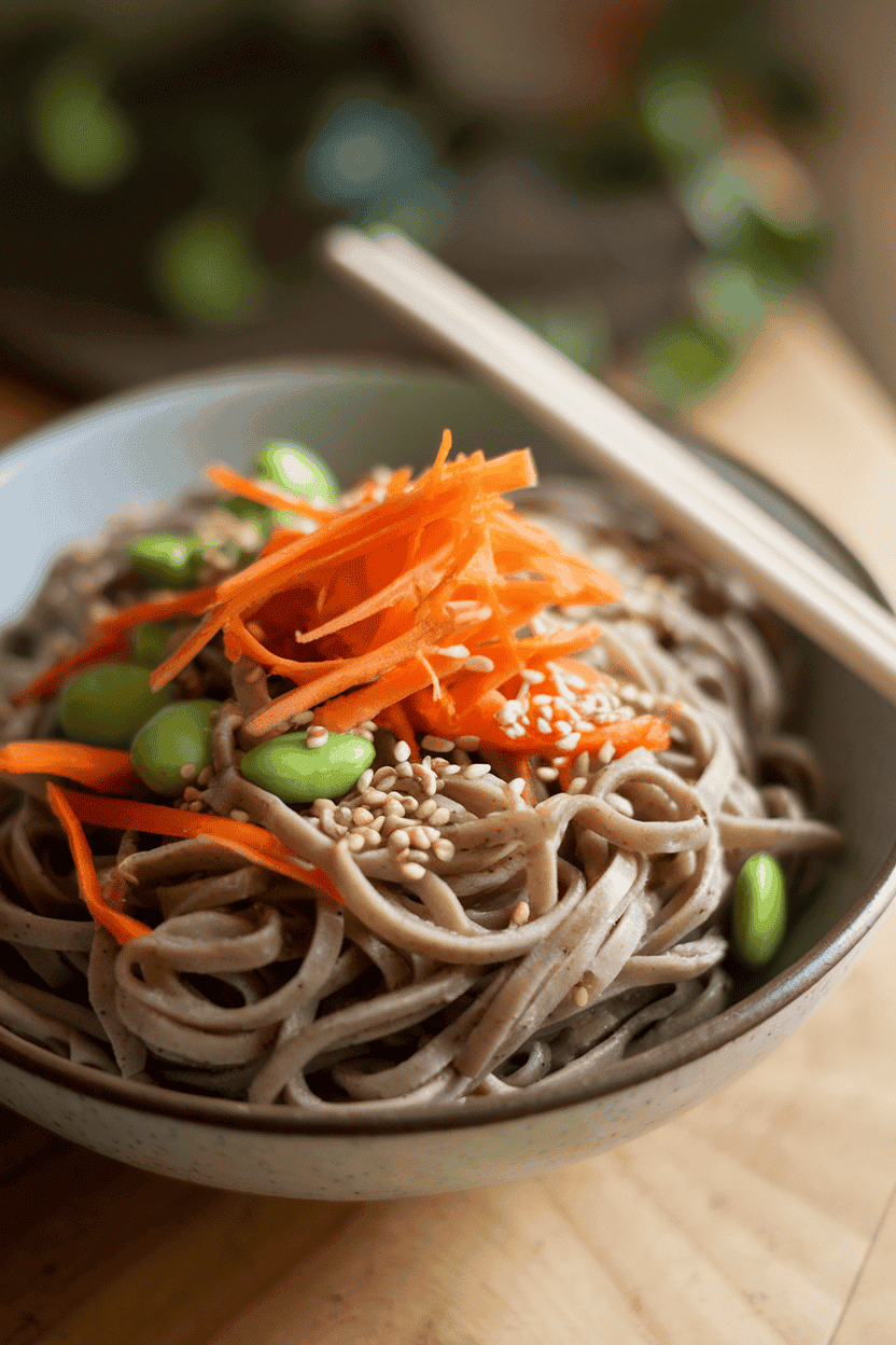 An indoor bowl of chilled buckwheat soba noodles tossed with shredded carrots, edamame, and sesame seeds, chopsticks resting on the side. Soft lighting, no logos.