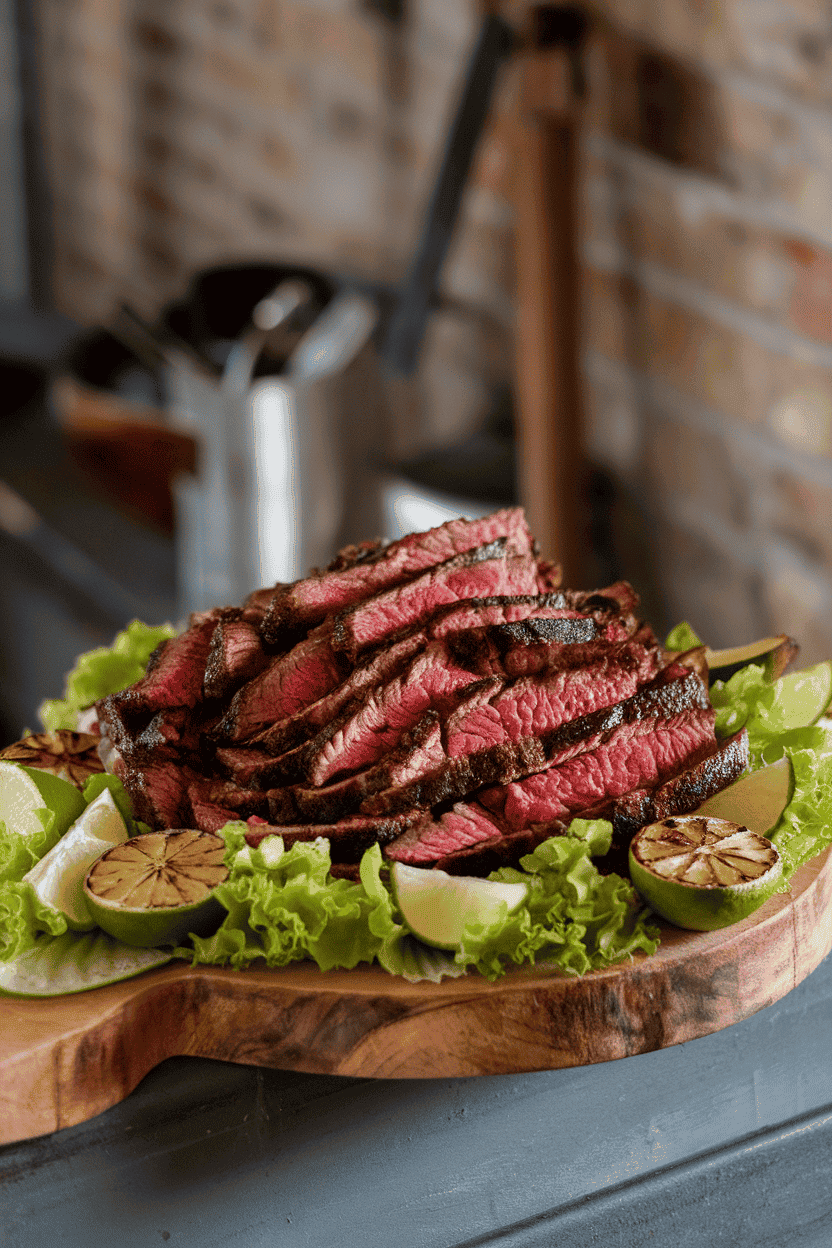 Indoor serving board piled with grilled, thin-sliced chipotle-marinated skirt steak, charred lime halves scattered around. Photo only, no text or logos.