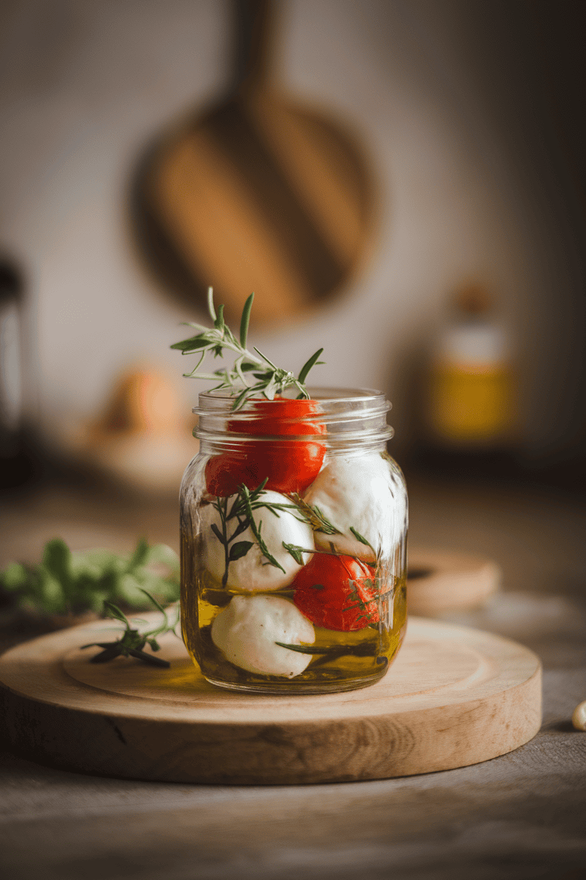 Indoor photo of a small glass jar filled with marinated mozzarella balls, cherry tomatoes, and herbs in olive oil. Soft overhead lighting; no text or logos.