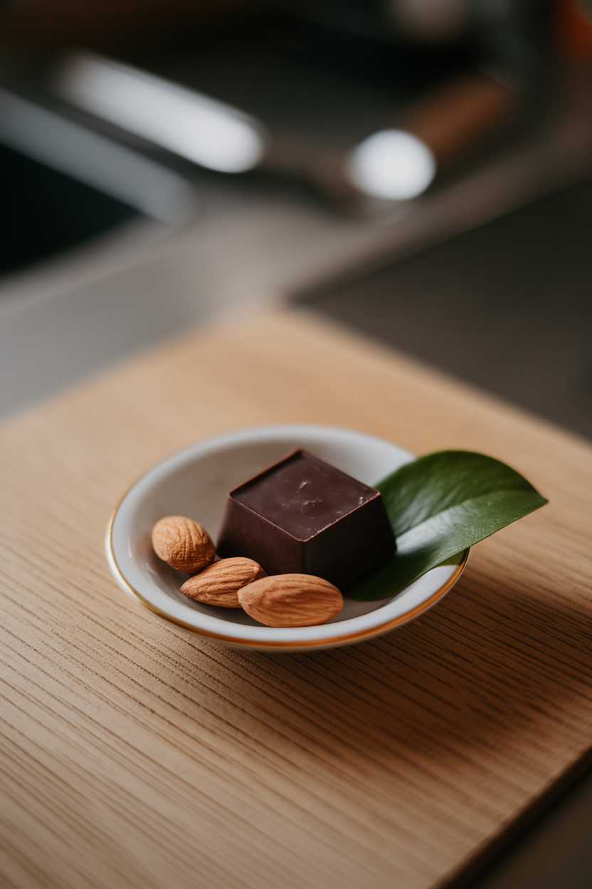 Photo — an indoor desktop with a small saucer holding a single 70% dark-chocolate square and a few raw almonds. Balanced ambient lighting; no text or logos on chocolate.