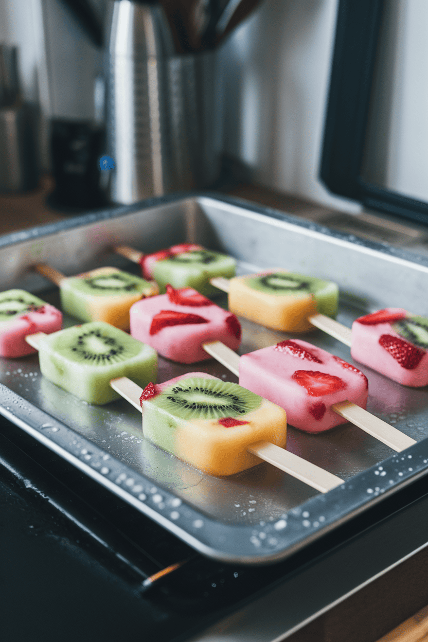 Photo prompt: Indoor kitchen counter with a metal baking pan holding colorful fruit ice pops—visible kiwi and strawberry pieces—light condensation on surfaces; no logos, no text.