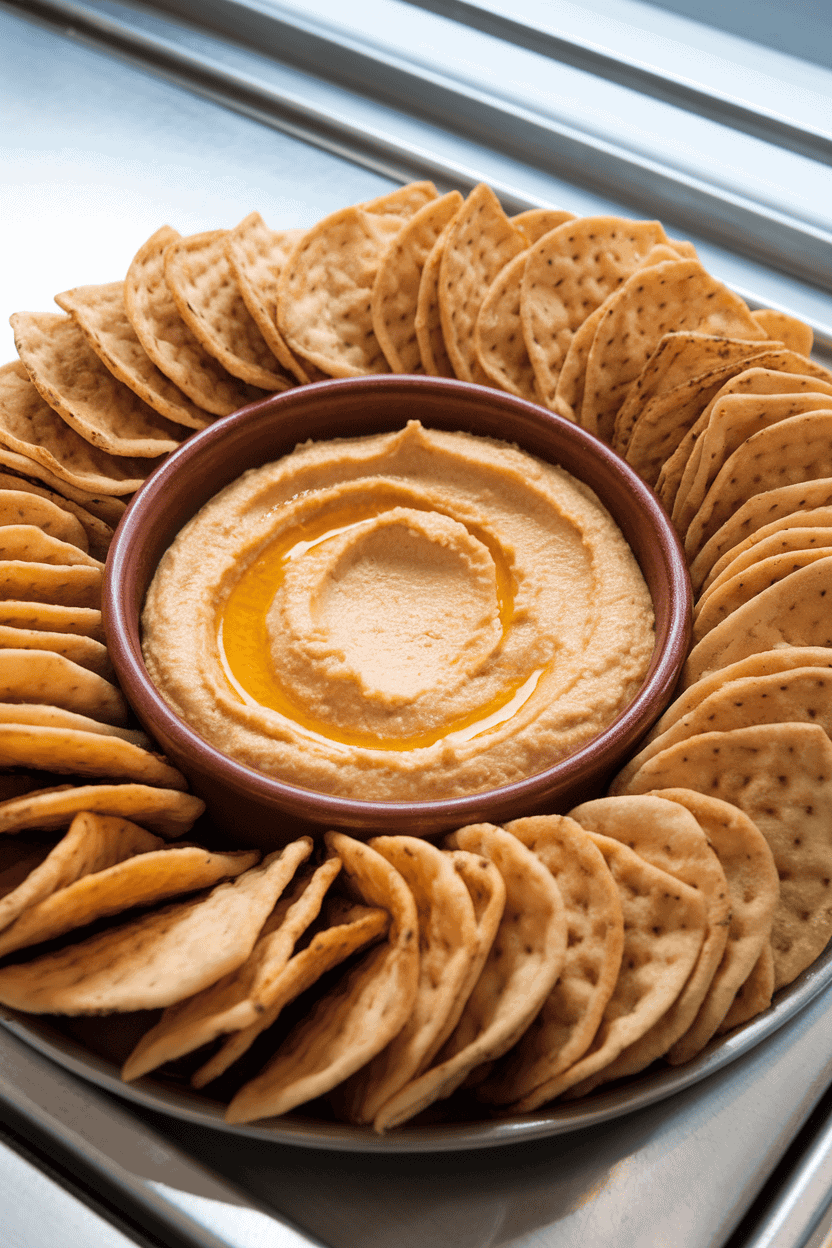 An indoor snack bar setting showing a ceramic bowl of smooth hummus surrounded by baked pita chips neatly fanned out on a tray. No text or logos anywhere. Photo, not illustration.