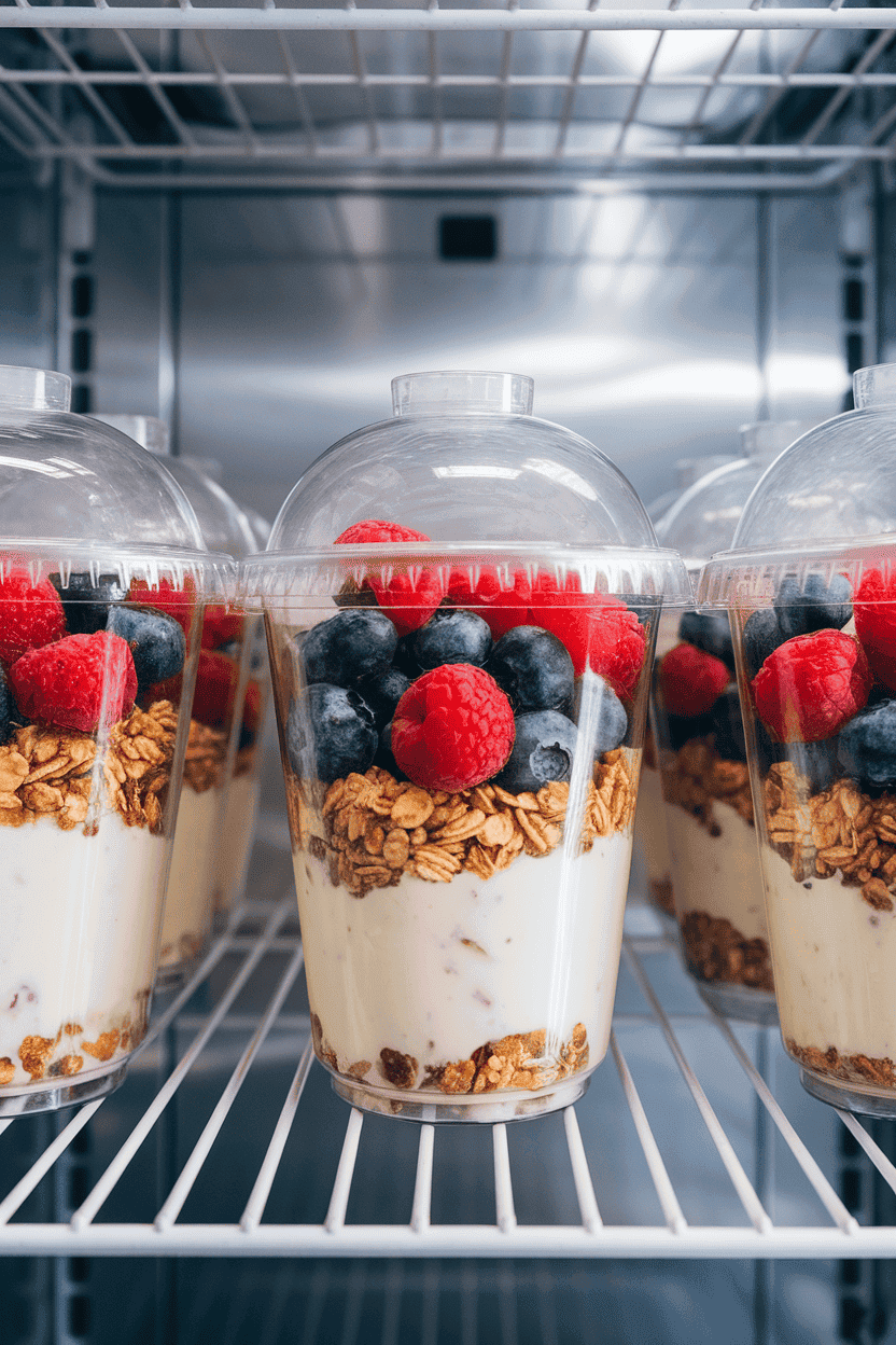 An indoor refrigerator shelf view of clear plastic cups layered with vanilla yogurt, granola, and mixed berries, lids snapped on top. No text or logos visible. Photo, not illustration.