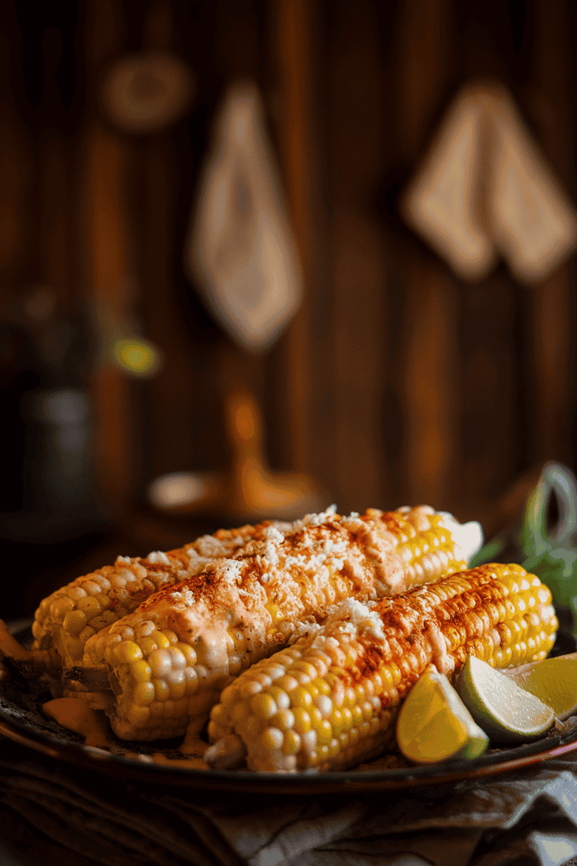 Indoor photo of grilled corn on the cob coated in creamy sauce, sprinkled with chili powder and cotija cheese, resting on a platter with lime wedges. Warm, moody lighting; no text or logos on any items.