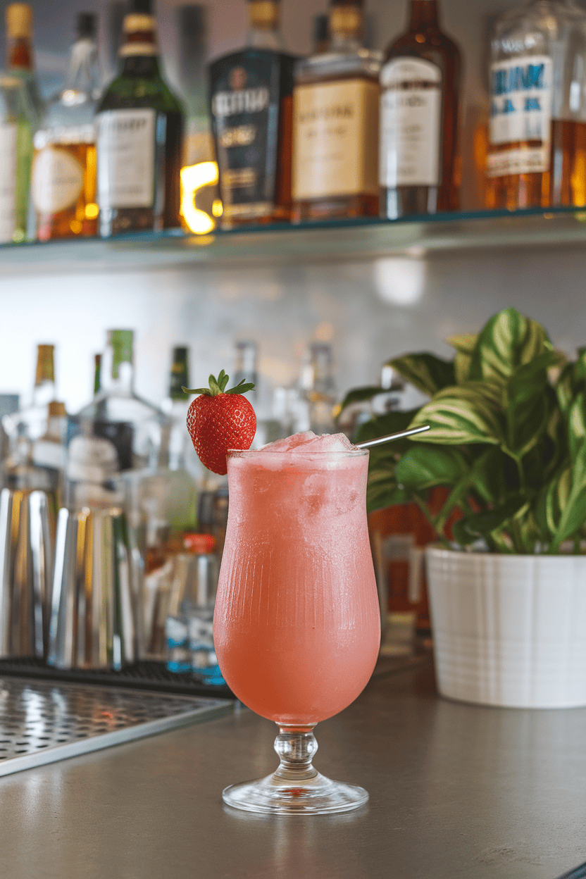 An indoor bar countertop with a frosty, blended pink mocktail in a hurricane glass, garnished with a fresh strawberry. Photo only, no branding.