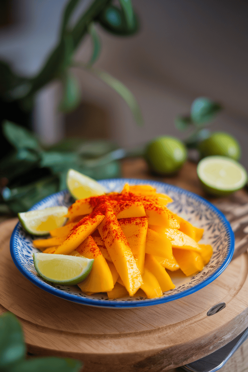 An indoor plate of bright mango strips lightly dusted with red chili powder and garnished with lime wedges. No logos or text. Photo only.
