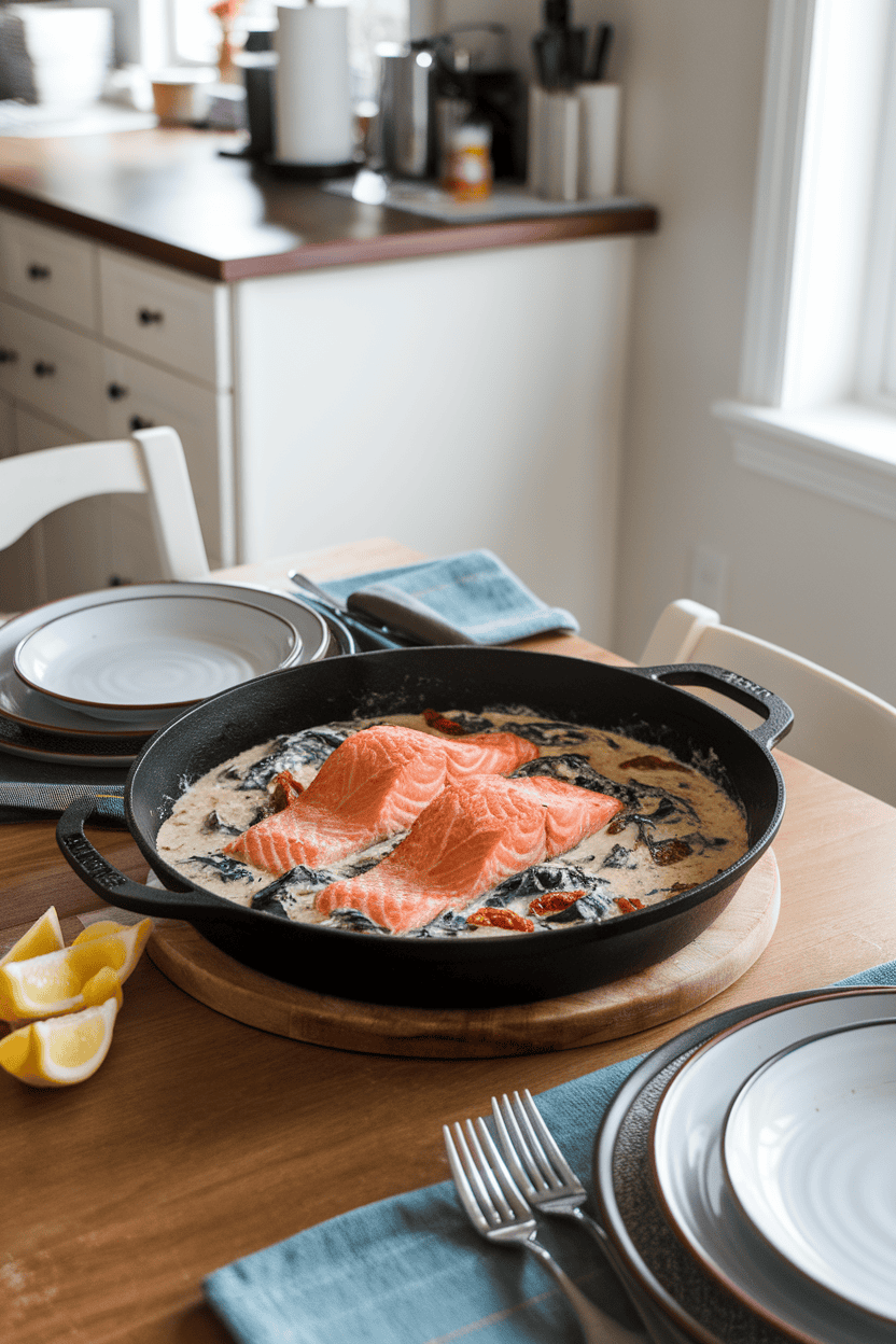 Indoor dining table displaying a skillet of fully cooked salmon fillets nestled in a creamy sauce with spinach and sun-dried tomatoes; lemon wedges on the side; no text or logos in view.