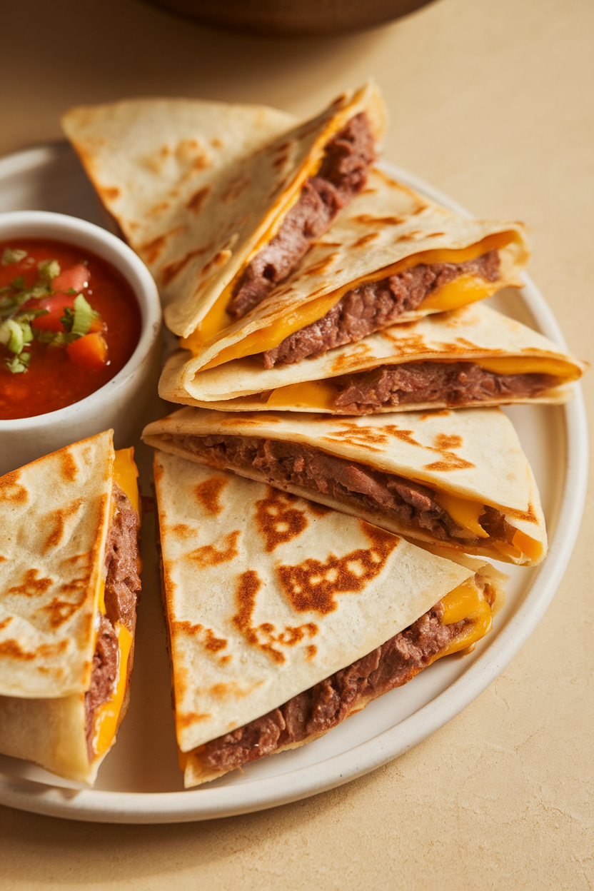 Indoor image of triangular wedges of beef and cheese quesadillas arranged on a plate with a small bowl of salsa. Soft, warm lighting; no text or logos. Photo, not illustration.