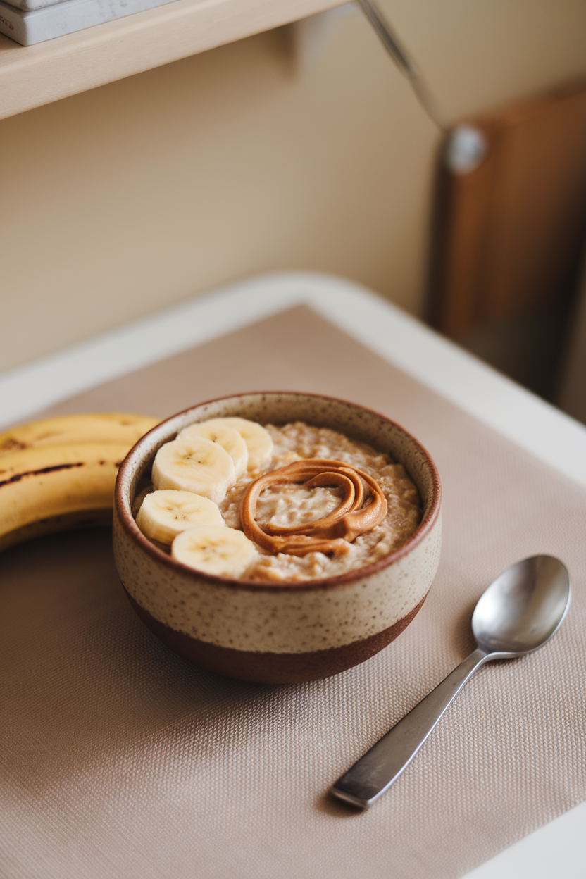 Cozy indoor photo of a ceramic bowl of creamy oatmeal topped with sliced bananas and a drizzle of peanut butter swirled on top. A simple spoon and plain placemat, no text or logos visible.
