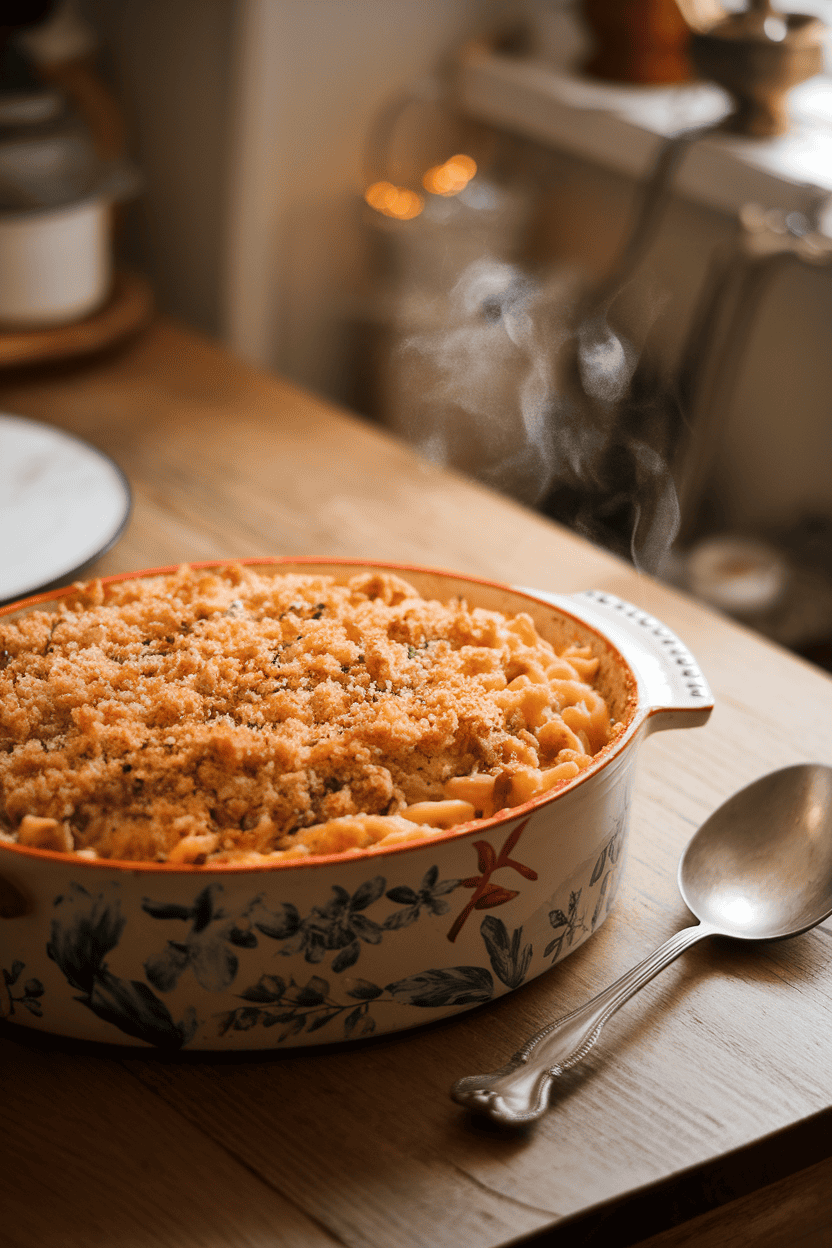 Indoor table featuring a casserole dish of tuna noodle bake, golden breadcrumb topping, and a serving spoon resting beside. Steam rising gently, no logos or text visible, cozy lighting. Photo only.