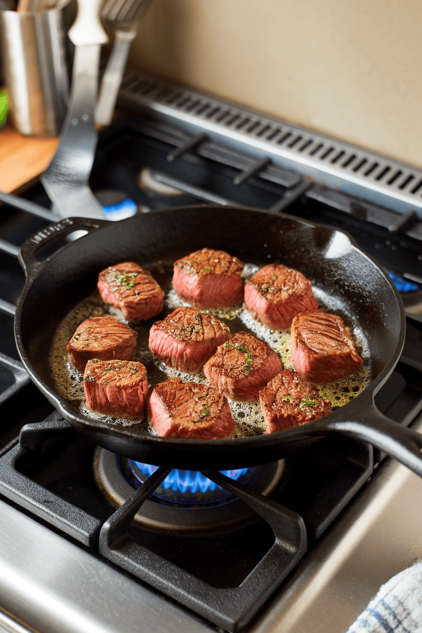 Indoor stovetop scene featuring a cast-iron skillet with seared steak cubes coated in bubbling garlic-herb butter; no text or logos on cookware.