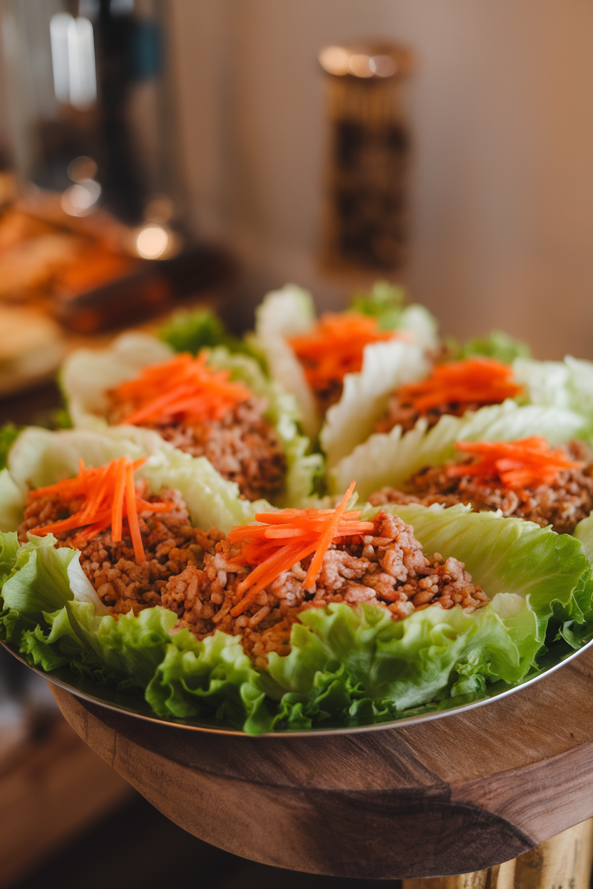 Indoor photo of a platter of crisp lettuce leaves filled with seasoned ground turkey and rice mixture, garnished with shredded carrots. Warm lighting, no logos or text.