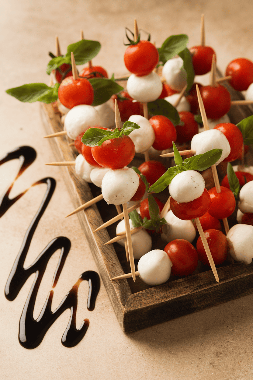 Photo prompt: Indoor tray of mini wooden skewers threaded with cherry tomatoes, small mozzarella balls, and basil leaves; drizzle of balsamic glaze beside, no text or logos.
