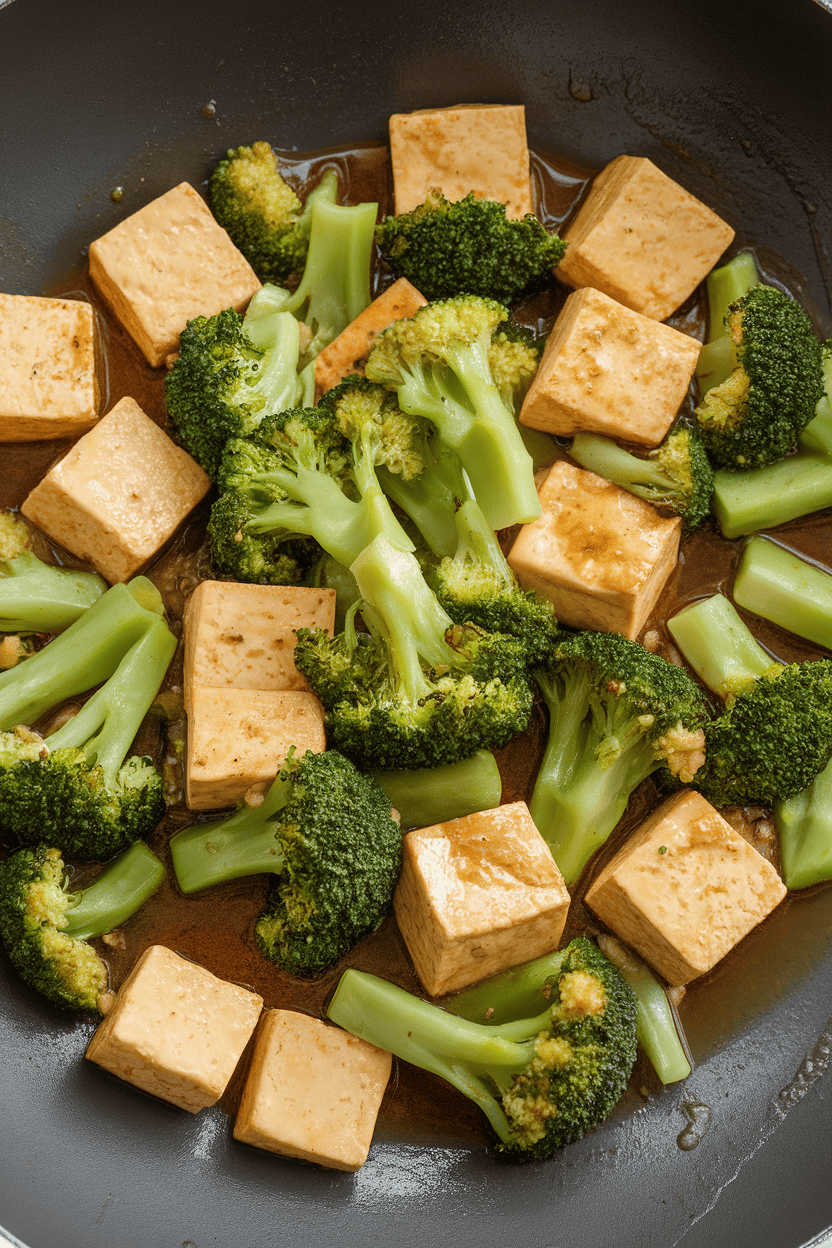 An indoor wok scene with golden tofu cubes and bright green broccoli florets tossed in a light soy-ginger sauce. No text or logos present.