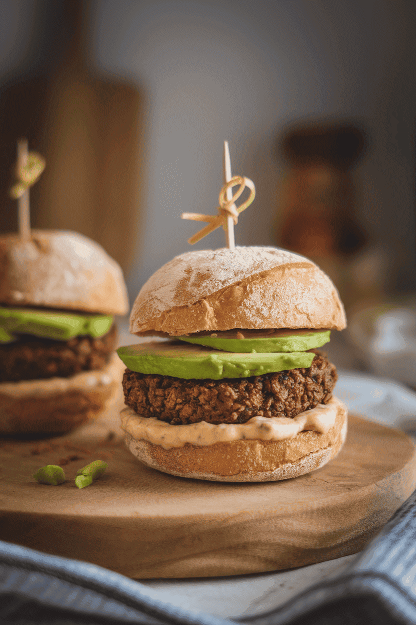 Indoor photo of mini whole-wheat buns filled with black bean patties, avocado slices, and chipotle mayo, garnished with a toothpick. Cozy lighting, no visible text or logos.