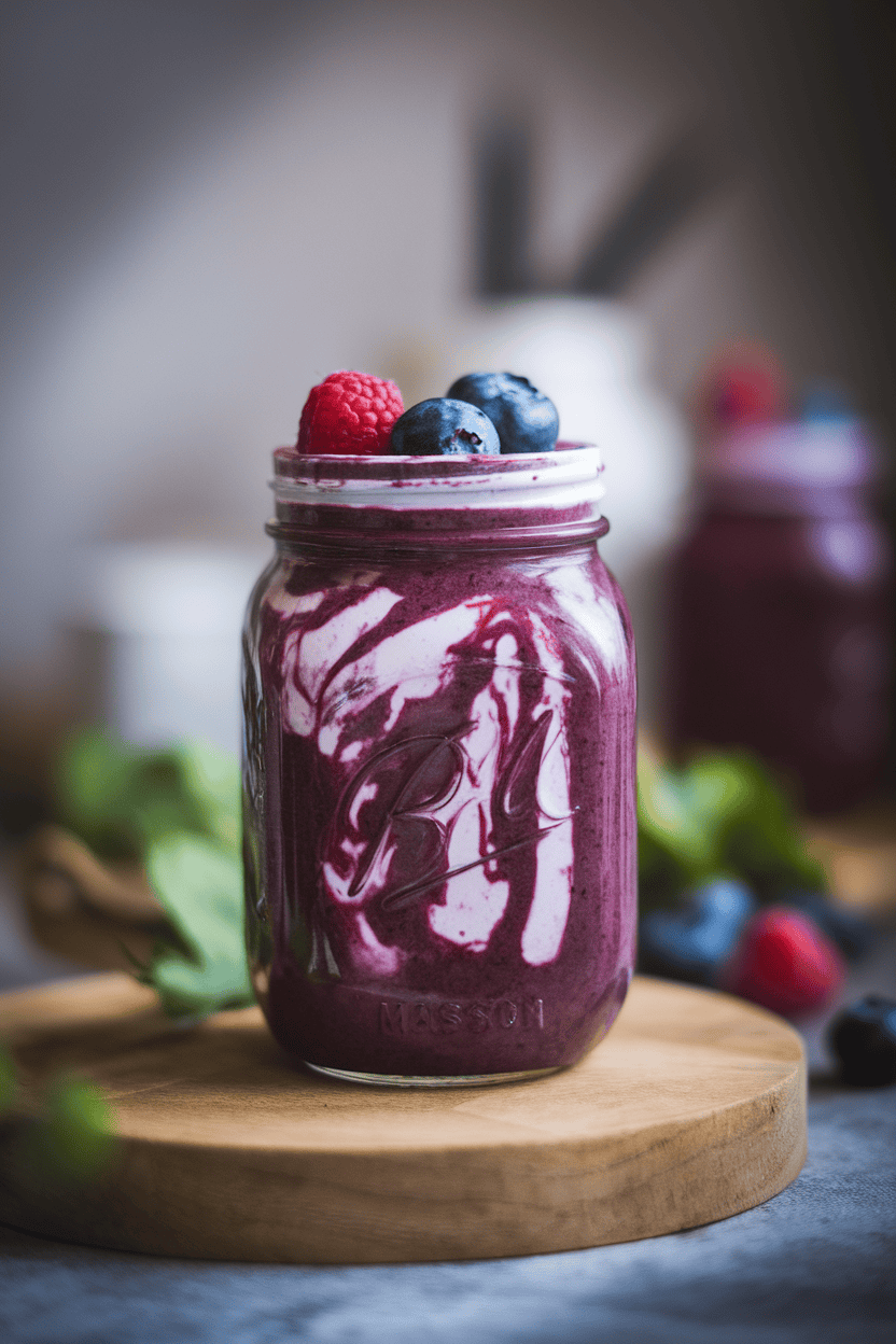 Indoor tabletop with a mason jar of deep-purple berry smoothie swirling with a pale yogurt ribbon, garnished with three fresh berries on top; soft diffused lighting; photograph, not illustration; no text or logos.