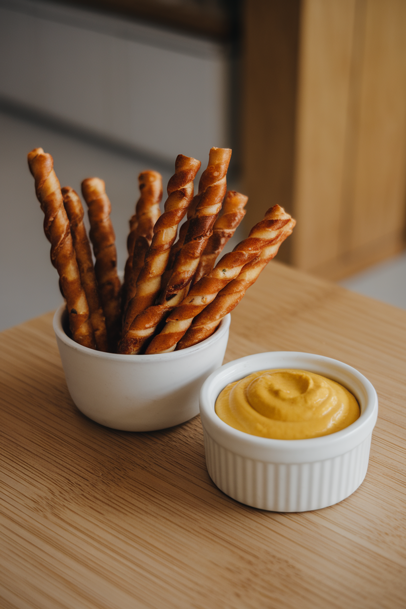 A small indoor bowl of thick pretzel rods beside a ramekin of tangy yellow mustard, no text or logos.