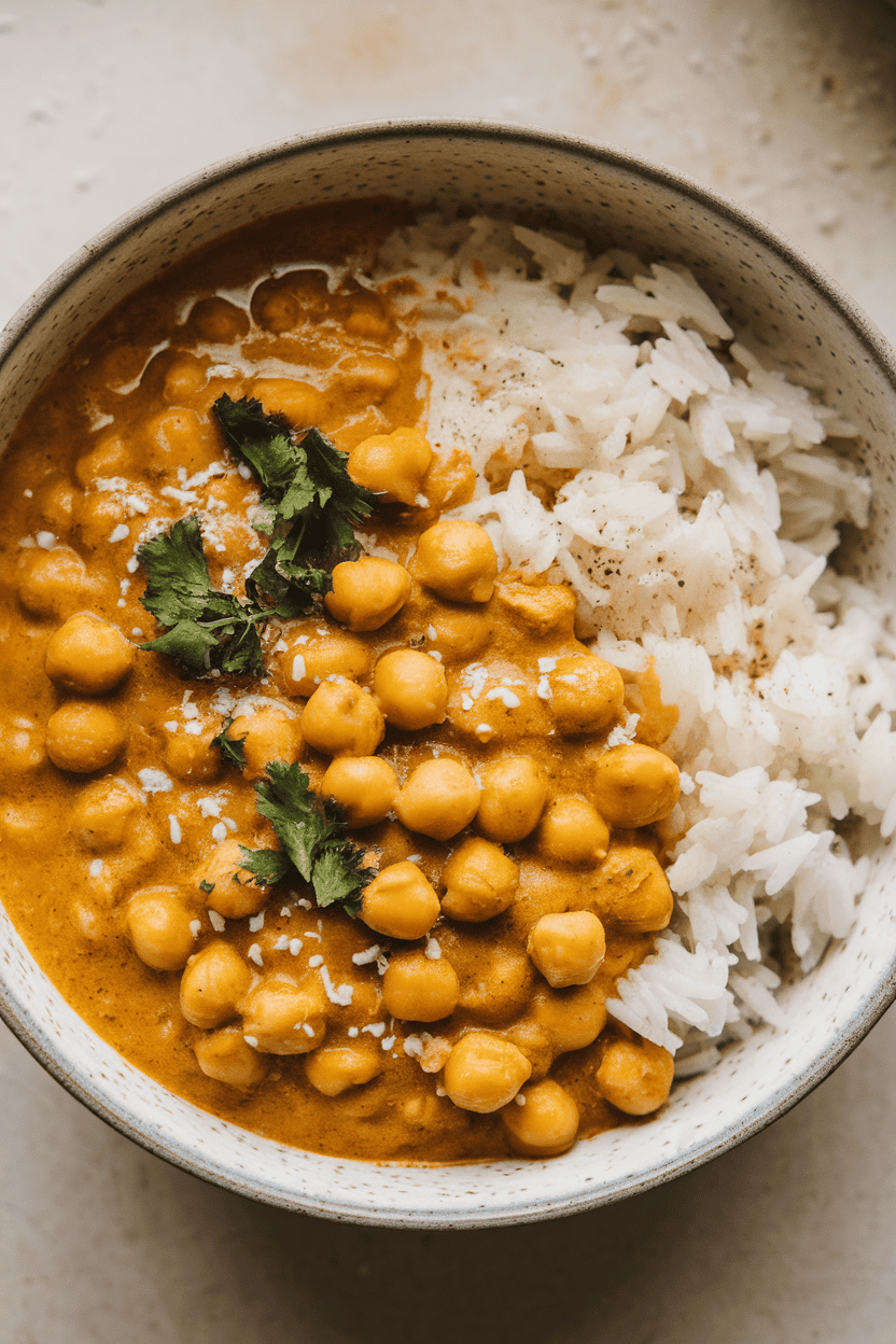 Indoor photo of a shallow bowl of creamy chickpea curry, coconut milk shimmer on top, served with fluffy white rice. No logos or text.