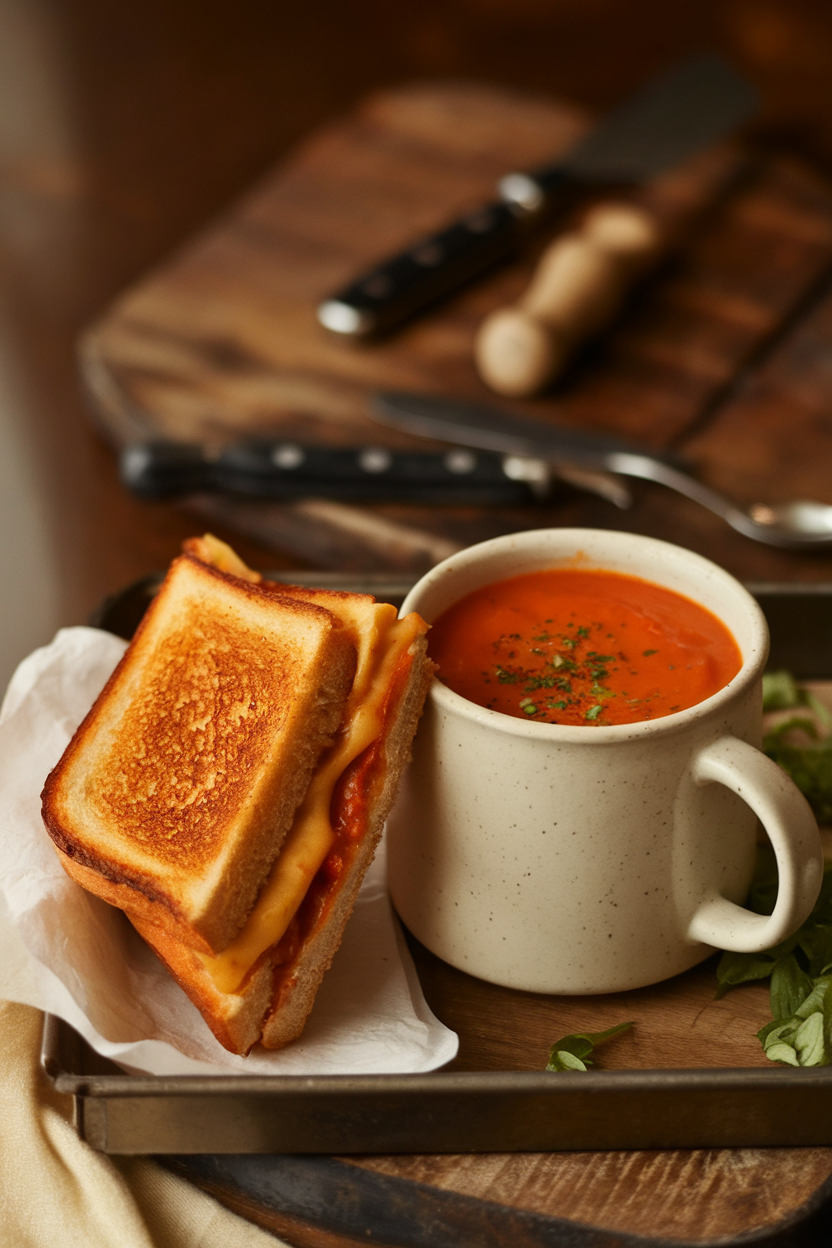 Indoor photo of a grilled cheese sandwich halves leaning against a mug of creamy tomato soup on a wooden tray. No logos or text visible.