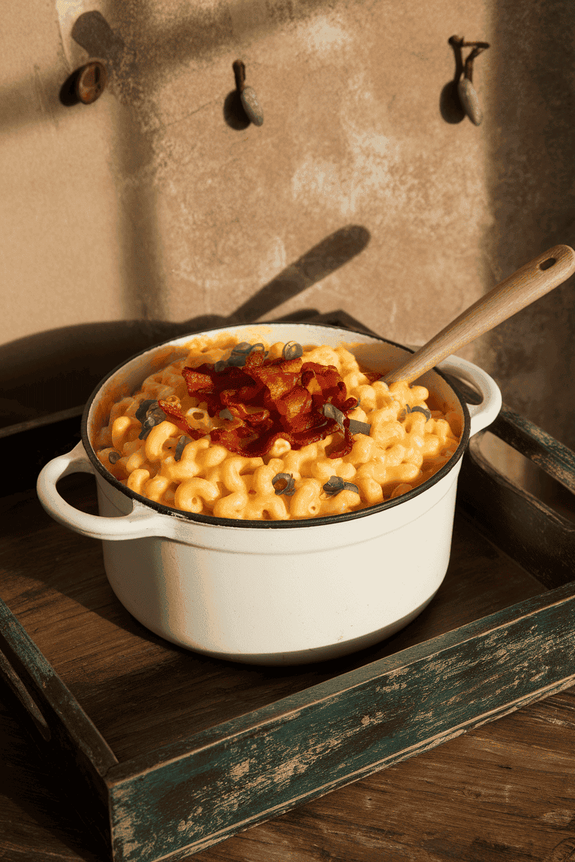 An indoor enamel pot overflowing with creamy mac and cheese studded with bacon and scallions, wooden spoon resting inside—photo, no text or logos.