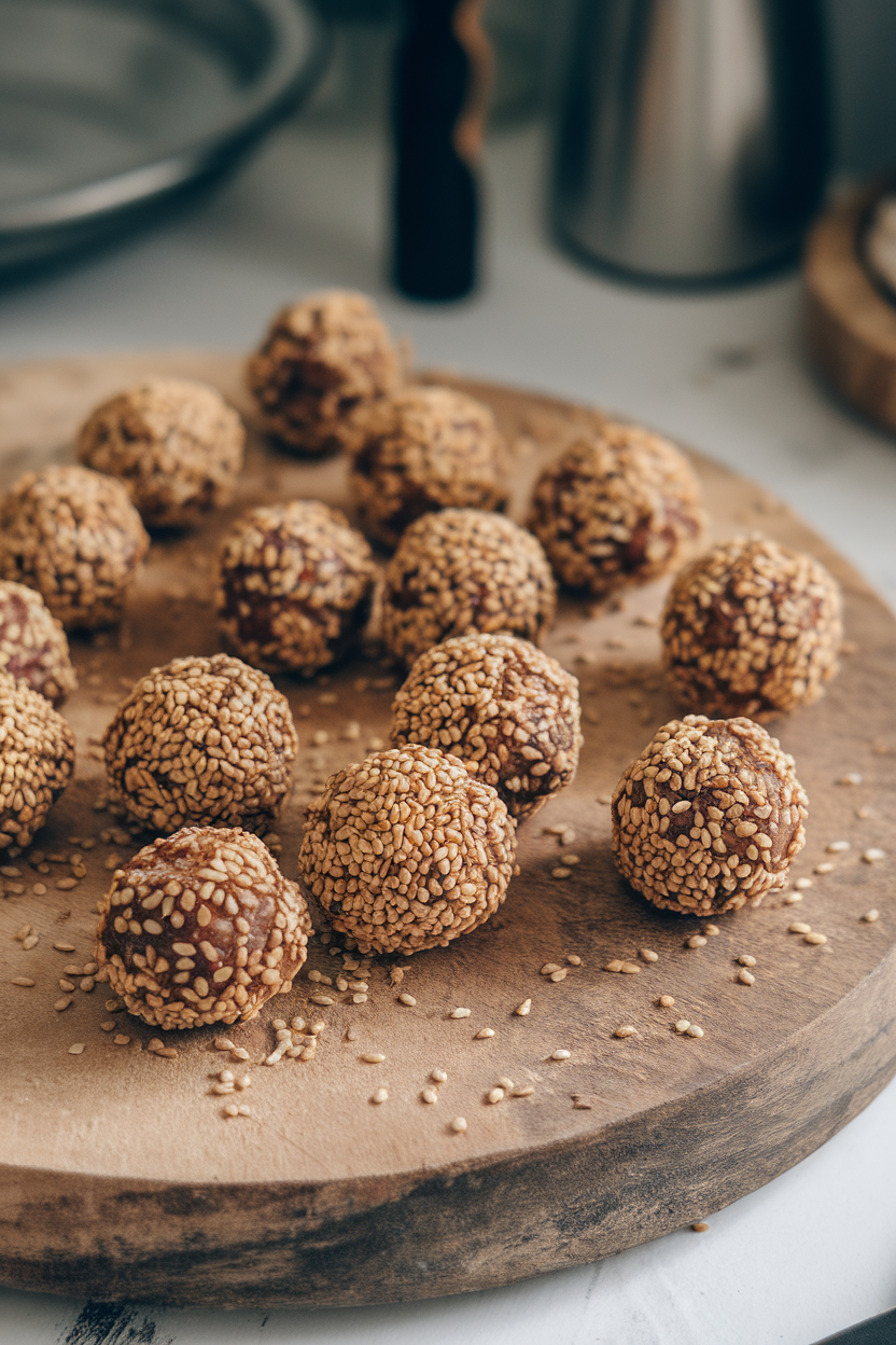An indoor wooden board scattered with sesame-coated tahini date balls. Photo, no text or logos present.