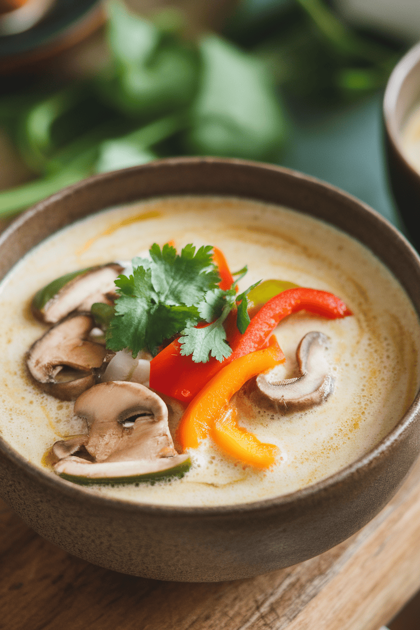 Indoor photo of a bowl of creamy coconut vegetable soup with mushrooms, bell peppers, and cilantro on top; no text or logos.