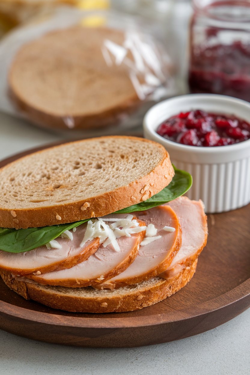 Indoor photo of thin wheat sandwich rounds, cranberry sauce ramekin, sliced roast turkey, baby spinach leaves, and shredded mozzarella—no text or logos.