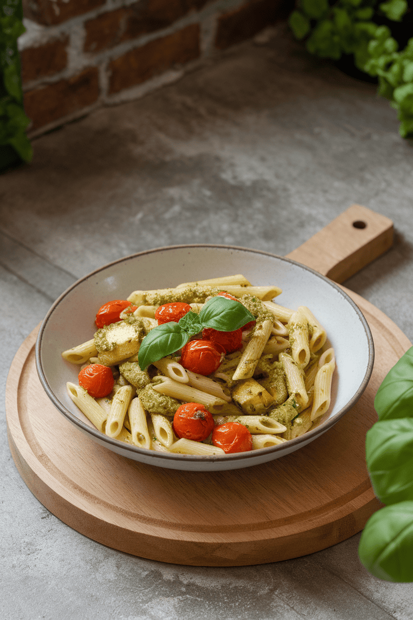Indoor table displaying a bowl of penne pasta tossed with green pesto and roasted zucchini and cherry tomatoes, no text or logos present.