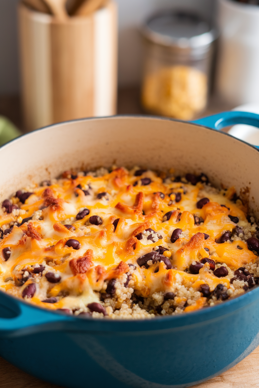 Indoor photo of quinoa casserole studded with black beans, corn, and melted cheese in a Dutch oven. No branding or text.