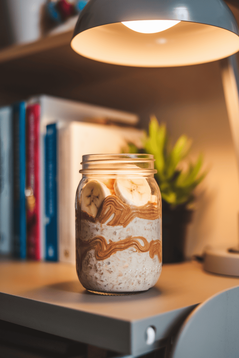 Photo of a mason jar layered with creamy overnight oats, peanut butter swirls, and banana slices, set on a small indoor dorm desk under warm lamp light; no text or logos present.