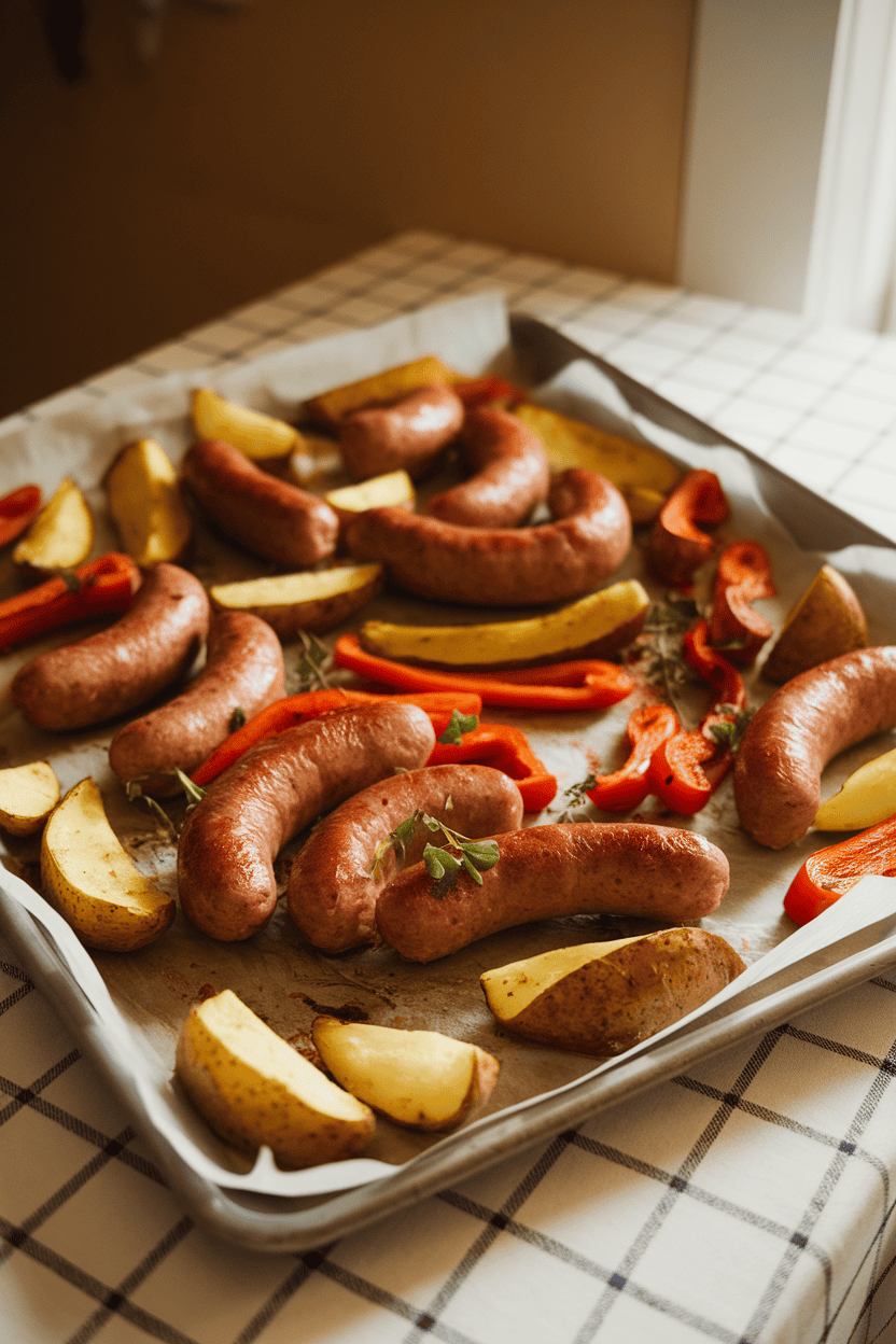 Warmly lit photo of a sheet pan filled with roasted sausage links, potato wedges, and bell pepper strips on an indoor kitchen table, no text or logos