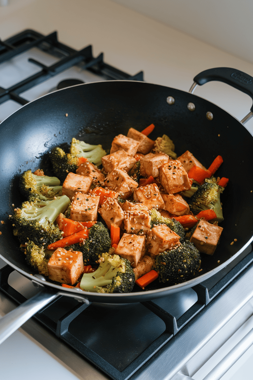 Indoor stovetop photo of a wok containing crispy tofu cubes, broccoli, and carrots coated in sesame-ginger sauce; no text or logos on utensils.