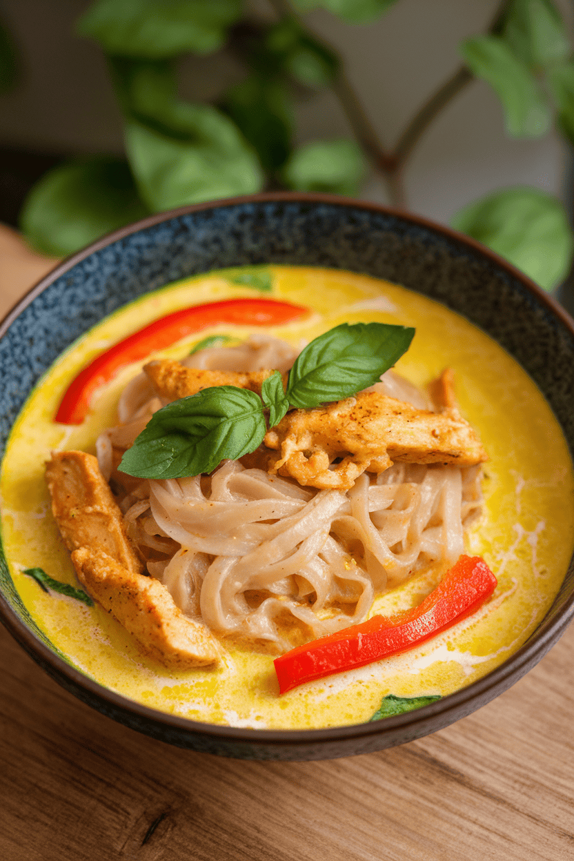 Indoor bowl shot of rice noodles bathed in creamy yellow coconut curry with chicken strips, bell peppers, and fresh basil garnish; no text or logos, photograph.