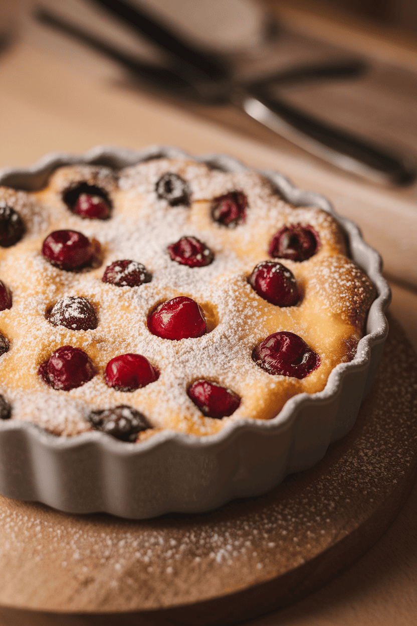 Indoor photo of a shallow dish containing cherry clafoutis dusted with powdered sugar, cherries peeking through custardy batter; warm lighting; no text or logos