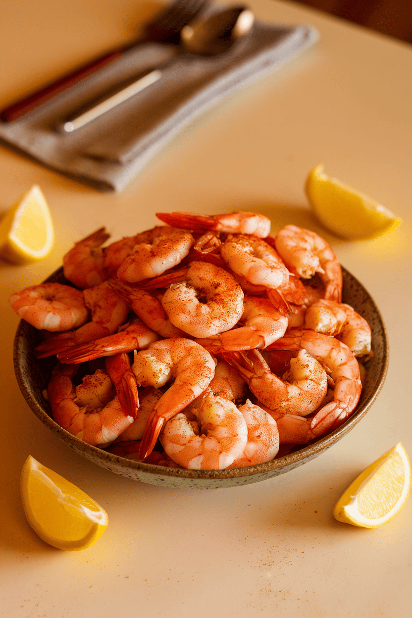 An indoor dining table featuring a shallow bowl piled with cooked shell-on shrimp dusted in Cajun spices, lemon wedges scattered around. Photo only.