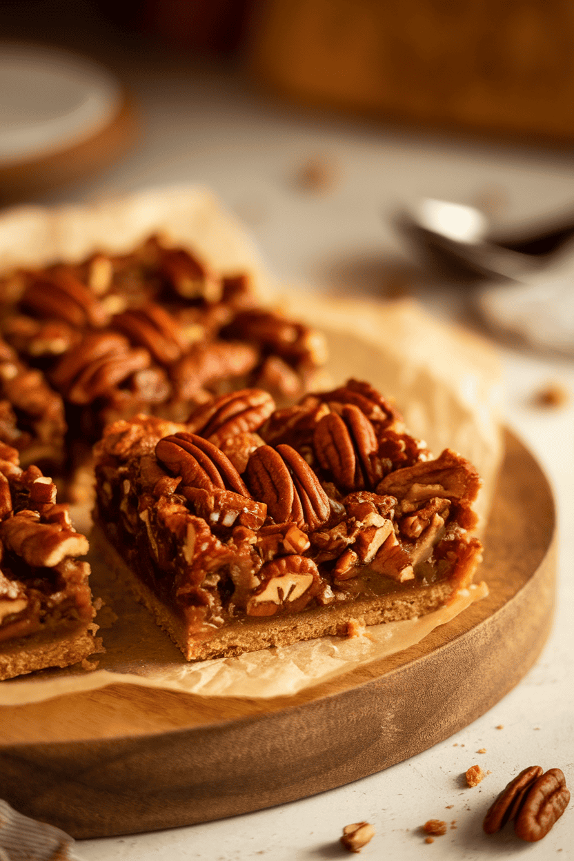 Indoor photo of pecan pie bars on a wooden board, gooey filling and toasted pecans visible, a few crumbs scattered; warm light; no text or logos