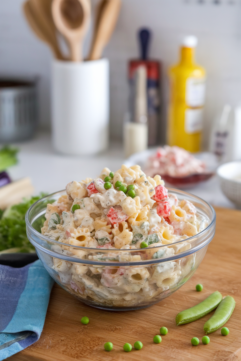 Indoor kitchen island with a mixing bowl of bite-sized pasta salad tossed in creamy ranch dressing and peas. No visible text or logos.