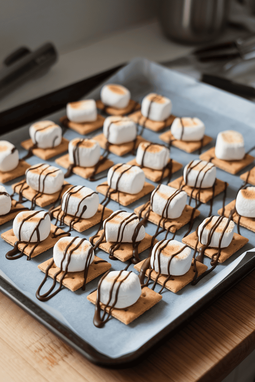 An indoor baking sheet of mini graham cracker squares topped with toasted marshmallow halves and a drizzle of melted chocolate. No logos or text; photo not illustration.