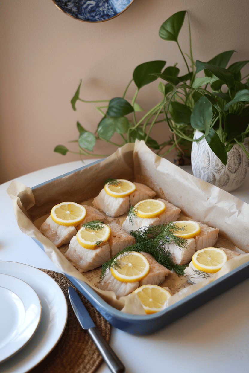 Indoor dining table featuring a parchment-lined baking dish of fully cooked cod fillets topped with lemon slices and fresh dill; no text or logos visible.