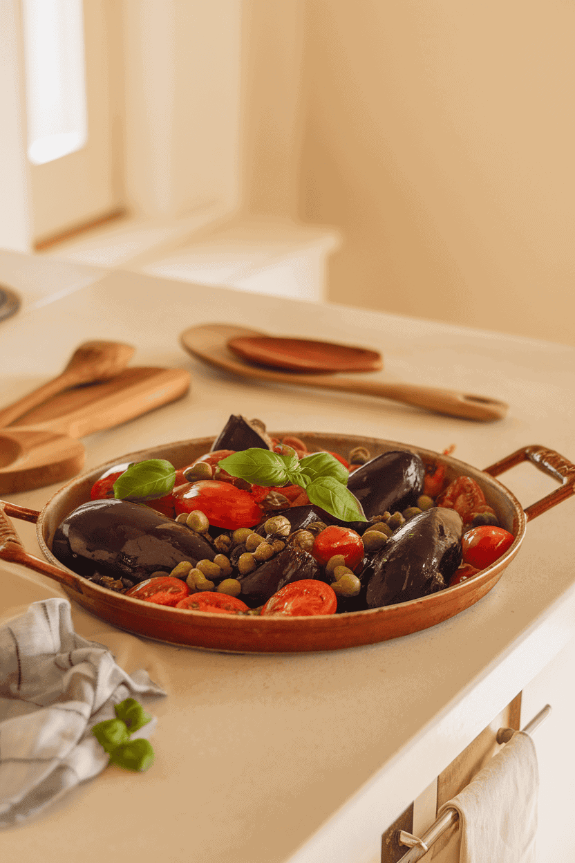 Warmly lit indoor kitchen counter featuring a rustic skillet filled with glossy cooked eggplant, tomatoes, capers, and green olives, garnished with basil. No text or logos present.