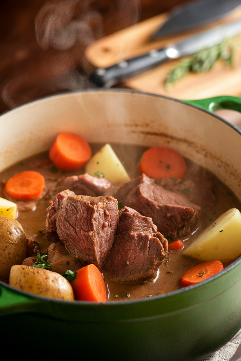 An indoor tabletop photo of a Dutch oven filled with hearty beef stew—tender beef chunks, carrots, and potatoes in a rich brown broth, steam gently rising. Warm, soft lighting; no text or logos in view.