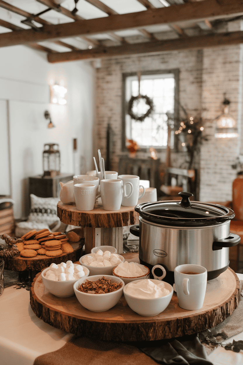An indoor dessert station with mugs, a slow cooker of hot cocoa, bowls of marshmallows, whipped cream, and chocolate shavings—no logos anywhere.