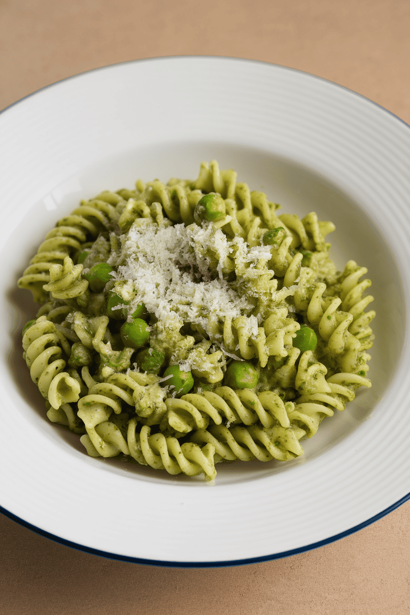 Indoor photo of fusilli pasta coated in vibrant green pesto, dotted with peas and a sprinkle of grated cheese; no text or logos.